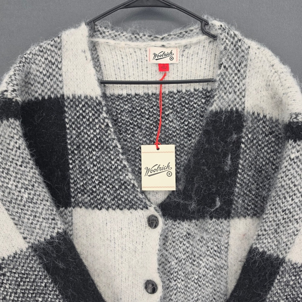 Woolrich Womens Buffalo Plaid Fuzzy Knit Cardigan Sweater Black White Small NEW